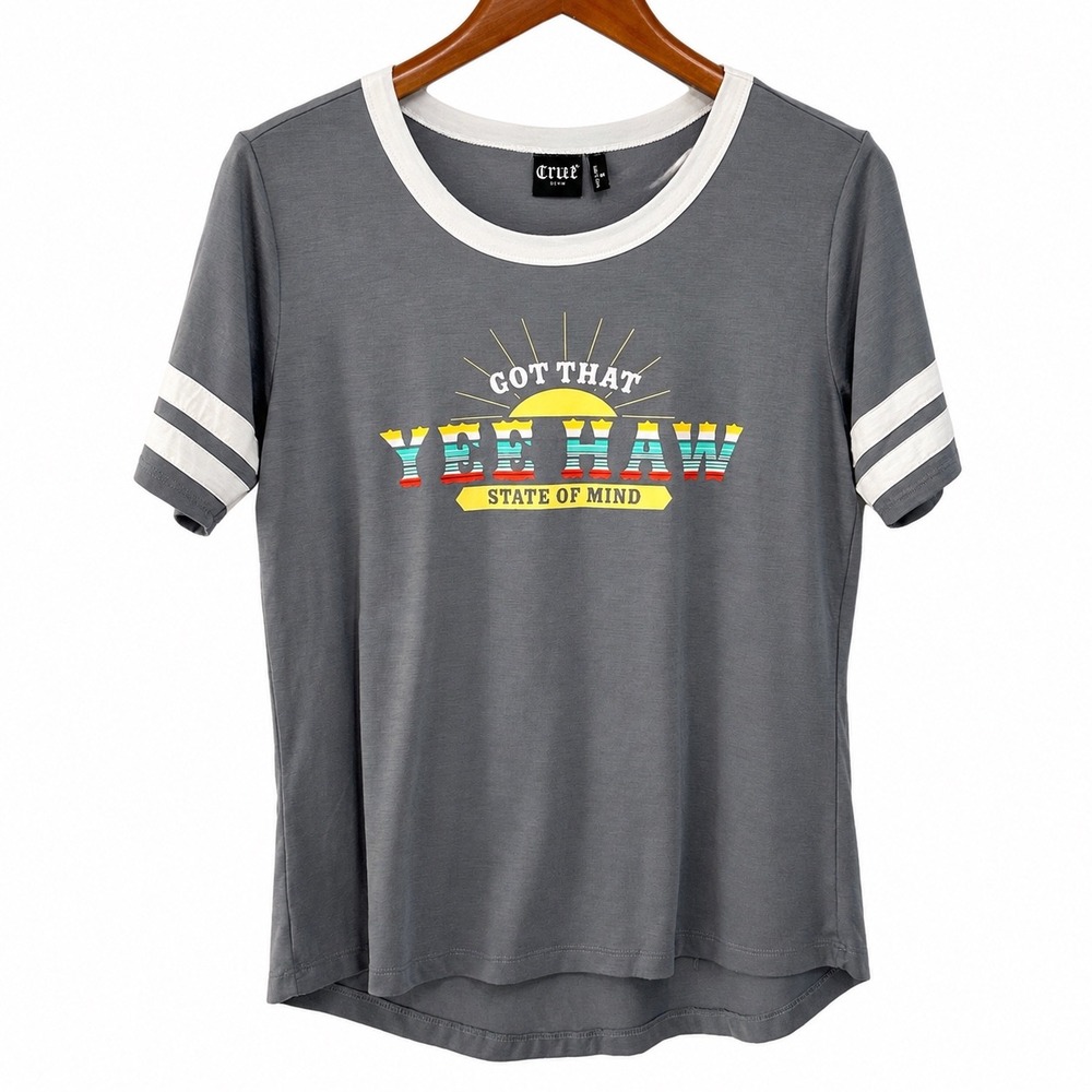 Cruel Denim Womens Yee Haw State of Mind Ringer Graphic T-Shirt Gray CTK7277004